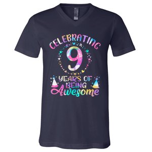 9 Years Of Being Awesome 9 Years Old 9th Birthday Tie Dye V-Neck T-Shirt