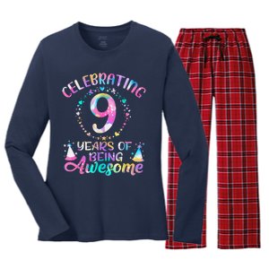 9 Years Of Being Awesome 9 Years Old 9th Birthday Tie Dye Women's Long Sleeve Flannel Pajama Set 