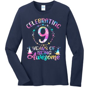 9 Years Of Being Awesome 9 Years Old 9th Birthday Tie Dye Ladies Long Sleeve Shirt