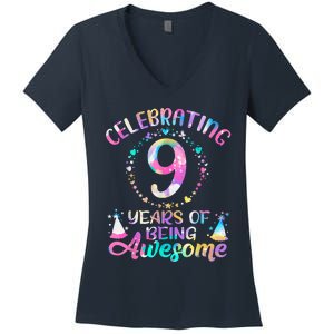 9 Years Of Being Awesome 9 Years Old 9th Birthday Tie Dye Women's V-Neck T-Shirt