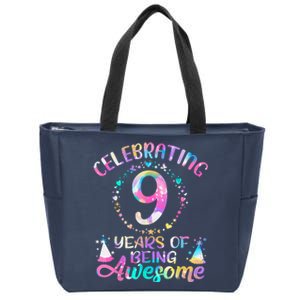 9 Years Of Being Awesome 9 Years Old 9th Birthday Tie Dye Zip Tote Bag