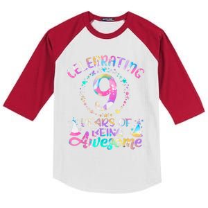 9 Years Of Being Awesome 9 Years Old 9th Birthday Tie Dye Kids Colorblock Raglan Jersey