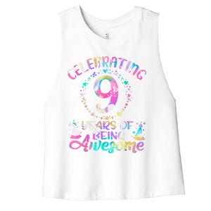 9 Years Of Being Awesome 9 Years Old 9th Birthday Tie Dye Women's Racerback Cropped Tank