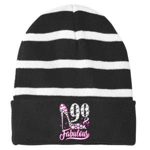 90 Years Old Gifts 90 & Fabulous 90th Birthday Pink Diamond Striped Beanie with Solid Band