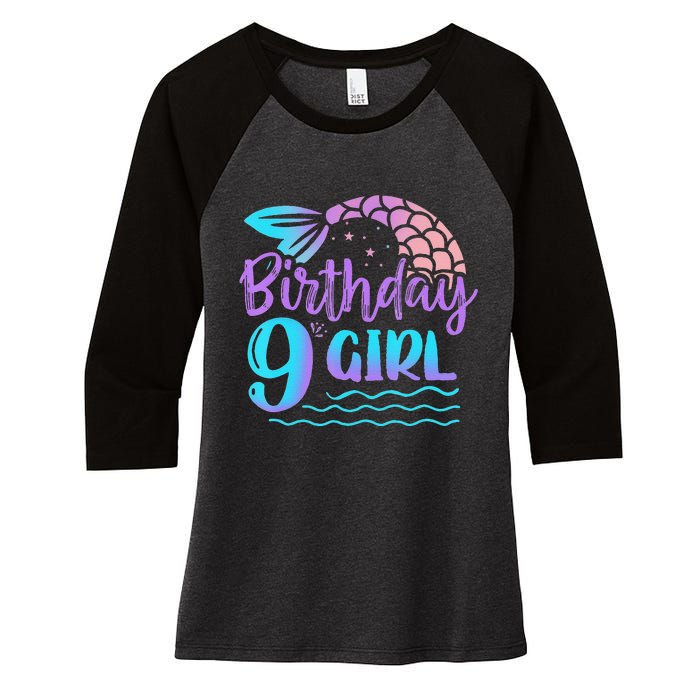 9 Year Old Gift Mermaid Tail 9th Birthday Daughter Women's Tri-Blend 3/4-Sleeve Raglan Shirt