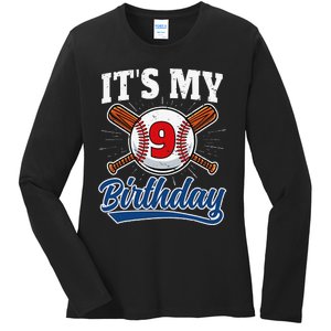 9 Years Old Baseball Player 9th Birthday Party Ladies Long Sleeve Shirt