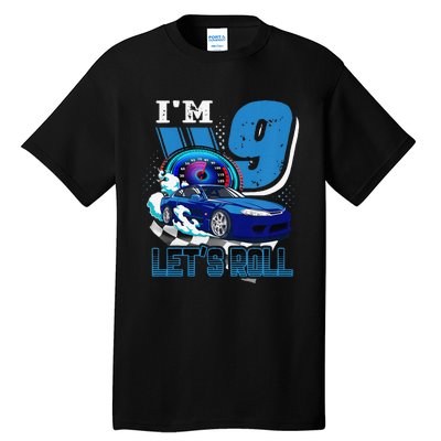 9 Year Old Race Car Birthday 9th Birthday Racing Gift Tall T-Shirt