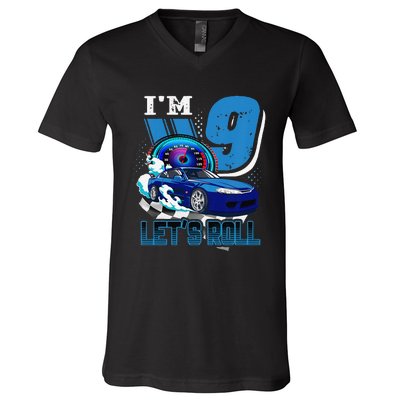 9 Year Old Race Car Birthday 9th Birthday Racing Gift V-Neck T-Shirt