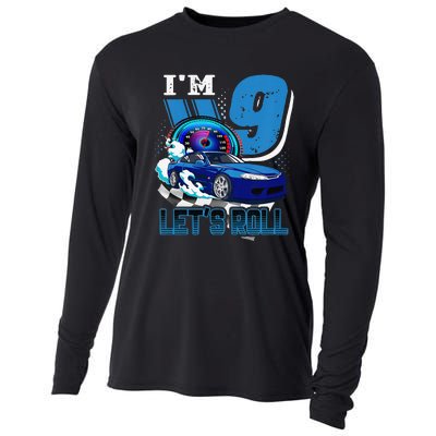 9 Year Old Race Car Birthday 9th Birthday Racing Gift Cooling Performance Long Sleeve Crew