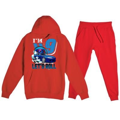 9 Year Old Race Car Birthday 9th Birthday Racing Gift Premium Hooded Sweatsuit Set