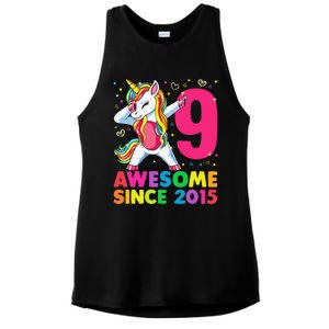 9 Years Old Unicorn Dabbing 9th Birthday Girl Unicorn Party Ladies PosiCharge Tri-Blend Wicking Tank