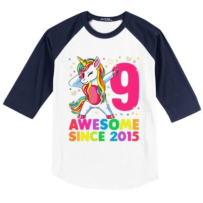 9 Years Old Unicorn Dabbing 9th Birthday Girl Unicorn Party Baseball Sleeve Shirt