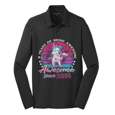 9 Years Old Flossing Unicorn Gifts 9th Birthday Party Silk Touch Performance Long Sleeve Polo