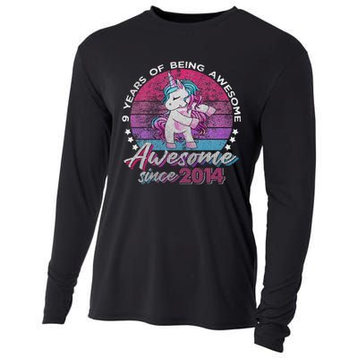 9 Years Old Flossing Unicorn Gifts 9th Birthday Party Cooling Performance Long Sleeve Crew