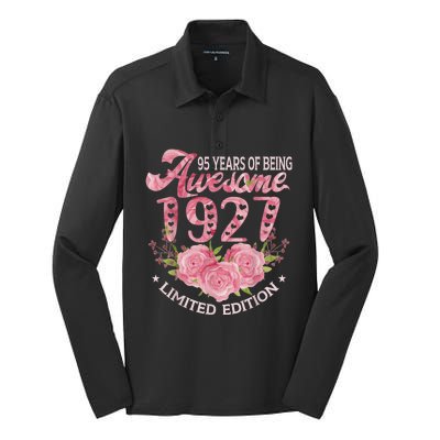 95 Year Old Pink Vintage 1927 bday gift 95th Birthday Present Wo Silk Touch Performance Long Sleeve Polo