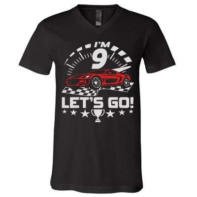 9 Year Old Race Car 9th Birthday Racing Racecar V-Neck T-Shirt
