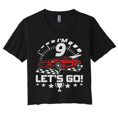 9 Year Old Race Car 9th Birthday Racing Racecar Women's Crop Top Tee