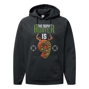 9 Year Old Hunting 9th Birthday Party Deer Hunter Performance Fleece Hoodie