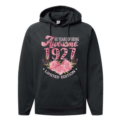 95 Year Old Pink Vintage 1927 bday gift 95th Birthday Wo Performance Fleece Hoodie