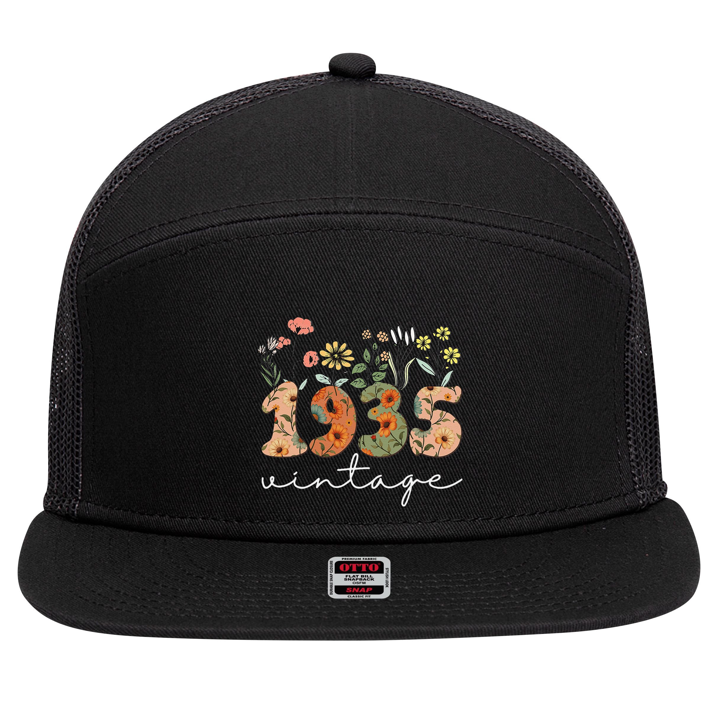 90 Years Old Vintage 1935 90th Birthday Wildflower Gift 7 Panel Mesh Trucker Snapback Hat