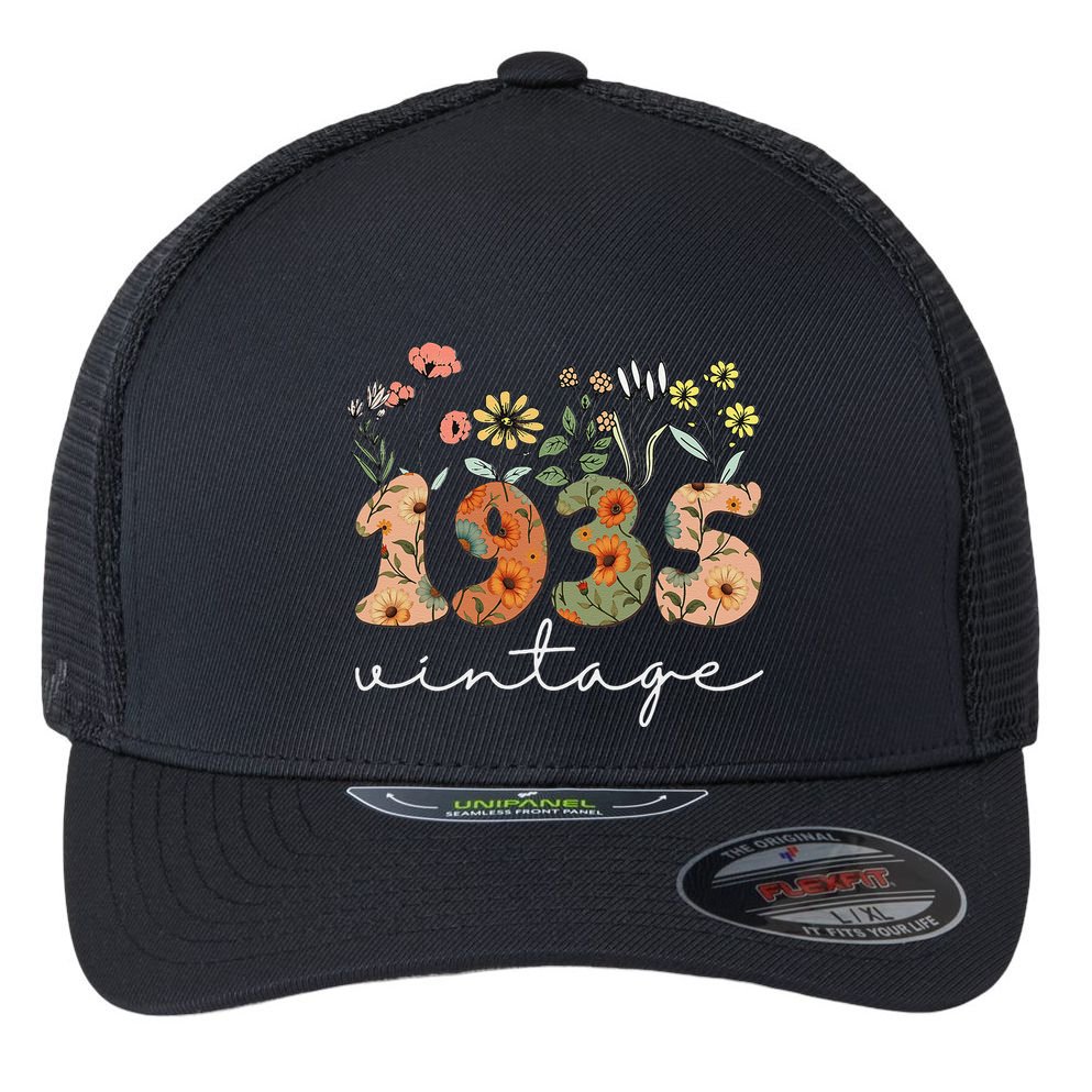90 Years Old Vintage 1935 90th Birthday Wildflower Gift Flexfit Unipanel Trucker Cap