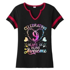 9 Years of Being Awesome 9 Years Old 9th Birthday Tie Dye Ladies Halftime Notch Neck Tee