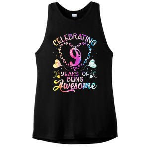 9 Years of Being Awesome 9 Years Old 9th Birthday Tie Dye Ladies PosiCharge Tri-Blend Wicking Tank