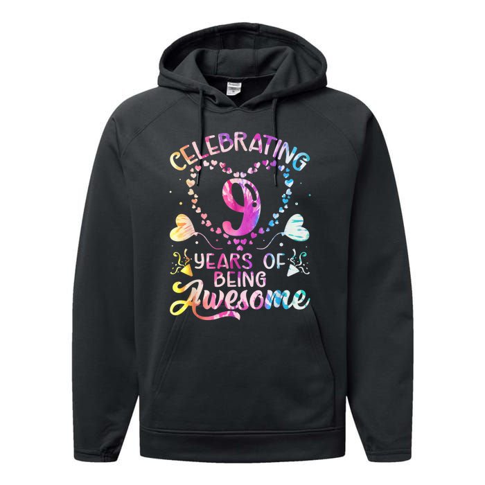 9 Years of Being Awesome 9 Years Old 9th Birthday Tie Dye Performance Fleece Hoodie