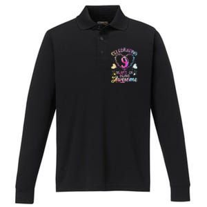 9 Years of Being Awesome 9 Years Old 9th Birthday Tie Dye Performance Long Sleeve Polo