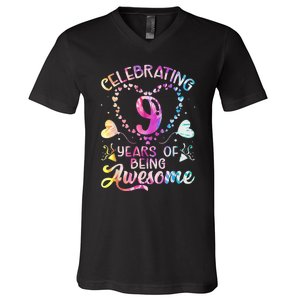 9 Years of Being Awesome 9 Years Old 9th Birthday Tie Dye V-Neck T-Shirt