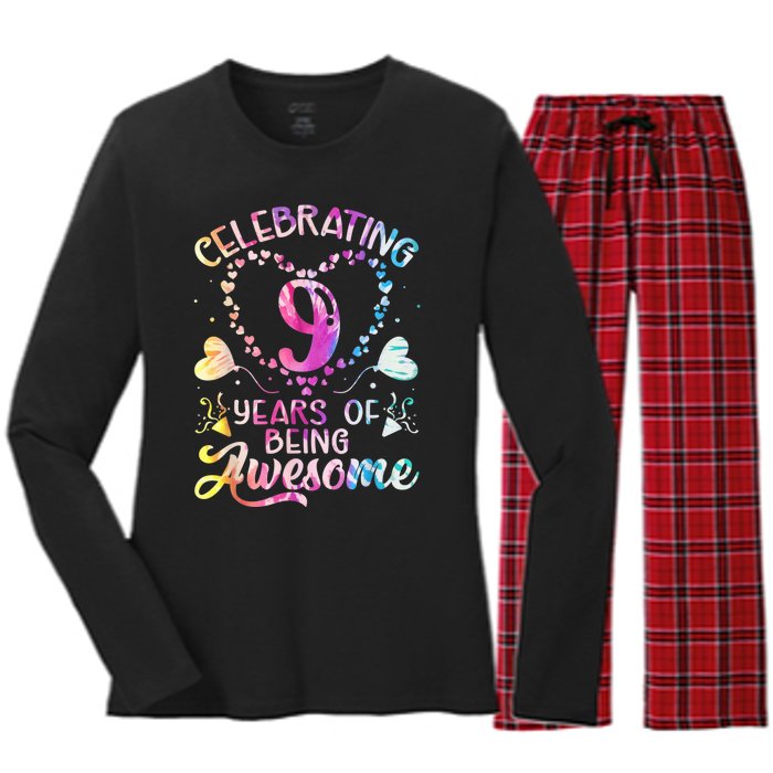 9 Years of Being Awesome 9 Years Old 9th Birthday Tie Dye Women's Long Sleeve Flannel Pajama Set 