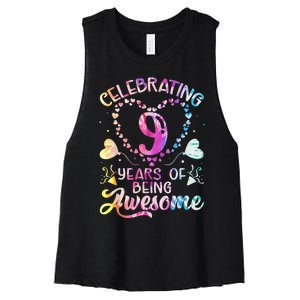 9 Years of Being Awesome 9 Years Old 9th Birthday Tie Dye Women's Racerback Cropped Tank