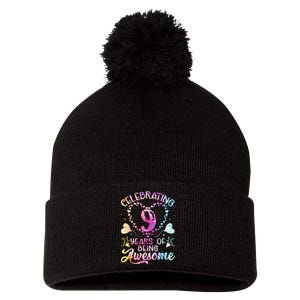 9 Years of Being Awesome 9 Years Old 9th Birthday Tie Dye Pom Pom 12in Knit Beanie