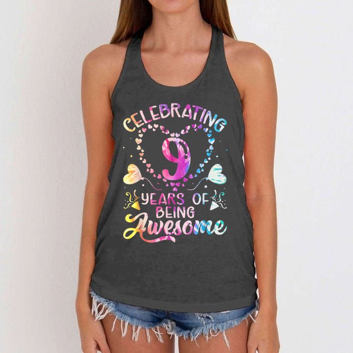 9 Years of Being Awesome 9 Years Old 9th Birthday Tie Dye Women's Knotted Racerback Tank