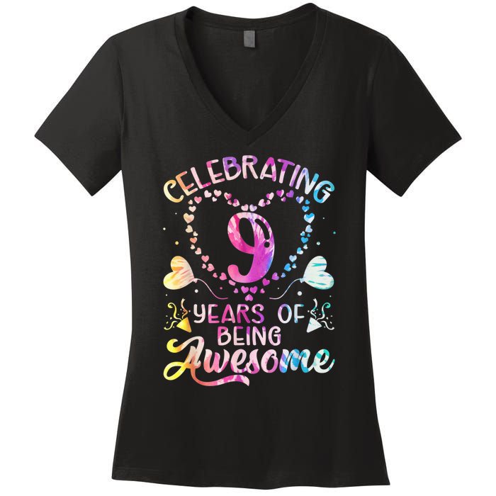 9 Years of Being Awesome 9 Years Old 9th Birthday Tie Dye Women's V-Neck T-Shirt