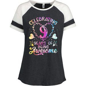 9 Years of Being Awesome 9 Years Old 9th Birthday Tie Dye Enza Ladies Jersey Colorblock Tee