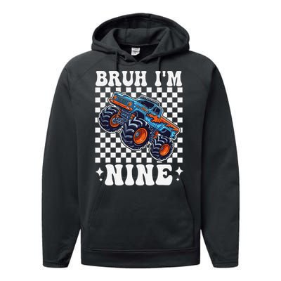 9 Years Old Boy Girl Bruh IM 9 Birthday Monster Truck Performance Fleece Hoodie