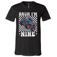 9 Years Old Boy Girl Bruh IM 9 Birthday Monster Truck V-Neck T-Shirt