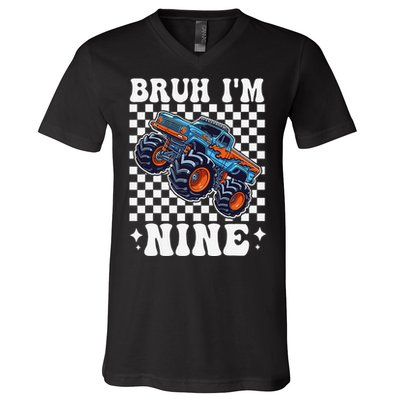 9 Years Old Boy Girl Bruh IM 9 Birthday Monster Truck V-Neck T-Shirt