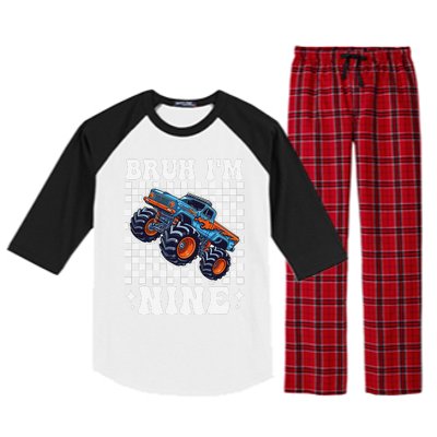 9 Years Old Boy Girl Bruh IM 9 Birthday Monster Truck Raglan Sleeve Pajama Set