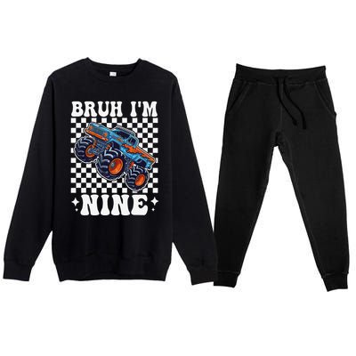 9 Years Old Boy Girl Bruh IM 9 Birthday Monster Truck Premium Crewneck Sweatsuit Set