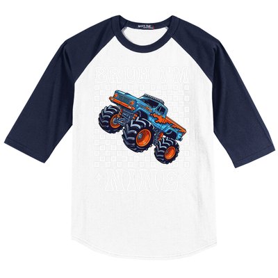 9 Years Old Boy Girl Bruh IM 9 Birthday Monster Truck Baseball Sleeve Shirt