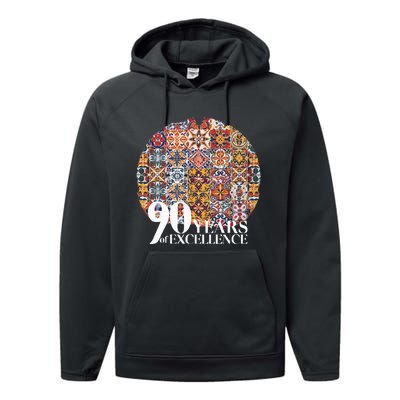 90 Years Of Excellence Spanish Tile Birthday Design Performance Fleece Hoodie