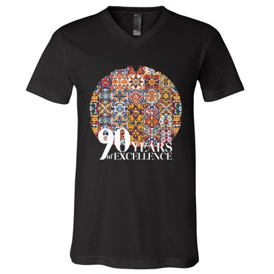 90 Years Of Excellence Spanish Tile Birthday Design V-Neck T-Shirt