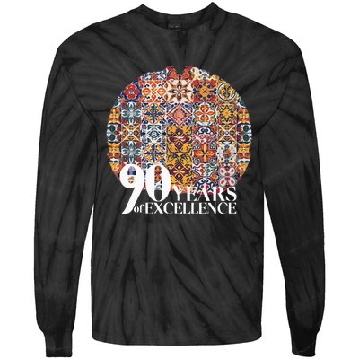 90 Years Of Excellence Spanish Tile Birthday Design Tie-Dye Long Sleeve Shirt