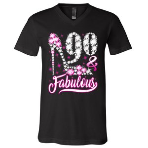 90 Years Old Gifts 90 & Fabulous 90th Birthday Pink Diamond V-Neck T-Shirt