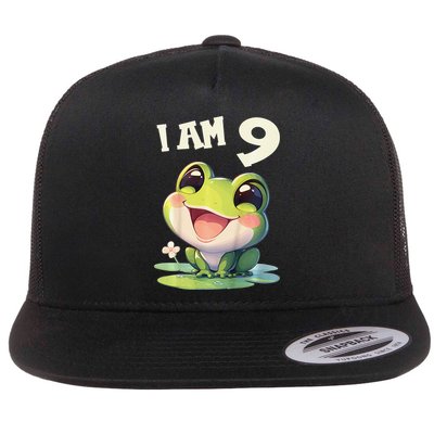 9 Years Old 9 Birthday Frogs Girl Frog Flat Bill Trucker Hat