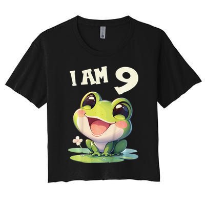 9 Years Old 9 Birthday Frogs Girl Frog Women's Crop Top Tee