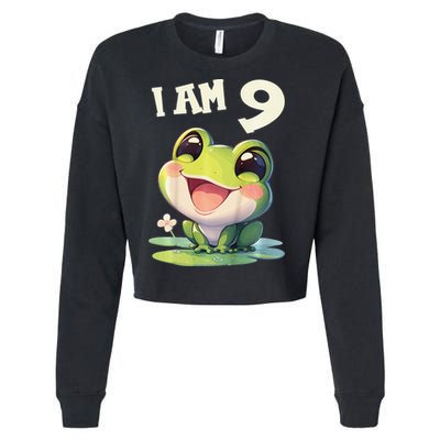 9 Years Old 9 Birthday Frogs Girl Frog Cropped Pullover Crew