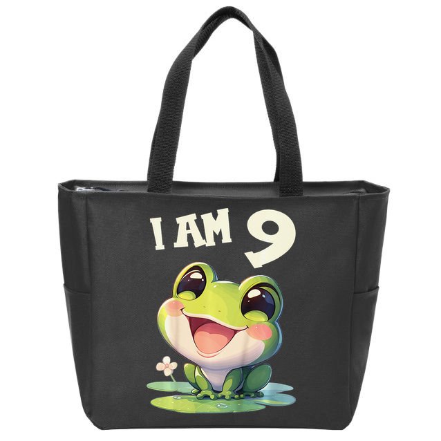 9 Years Old 9 Birthday Frogs Girl Frog Zip Tote Bag